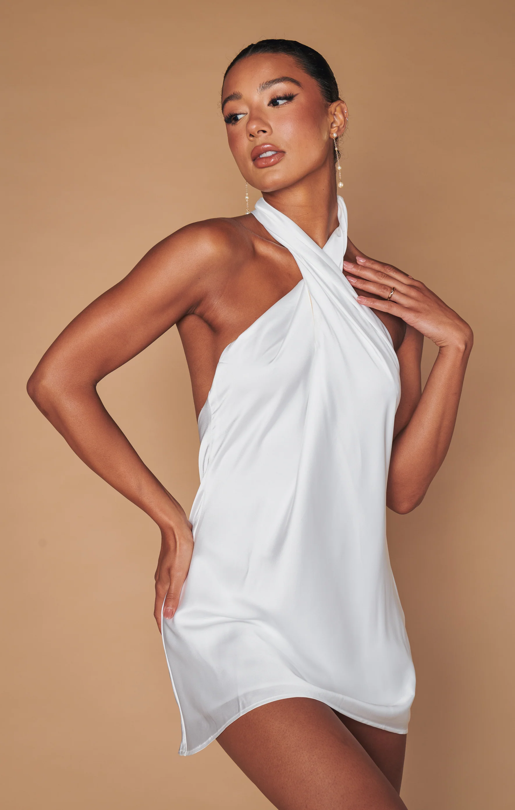 Jasmine Halter Mini Dress ~ Ivory Luxe Satin - Image 4