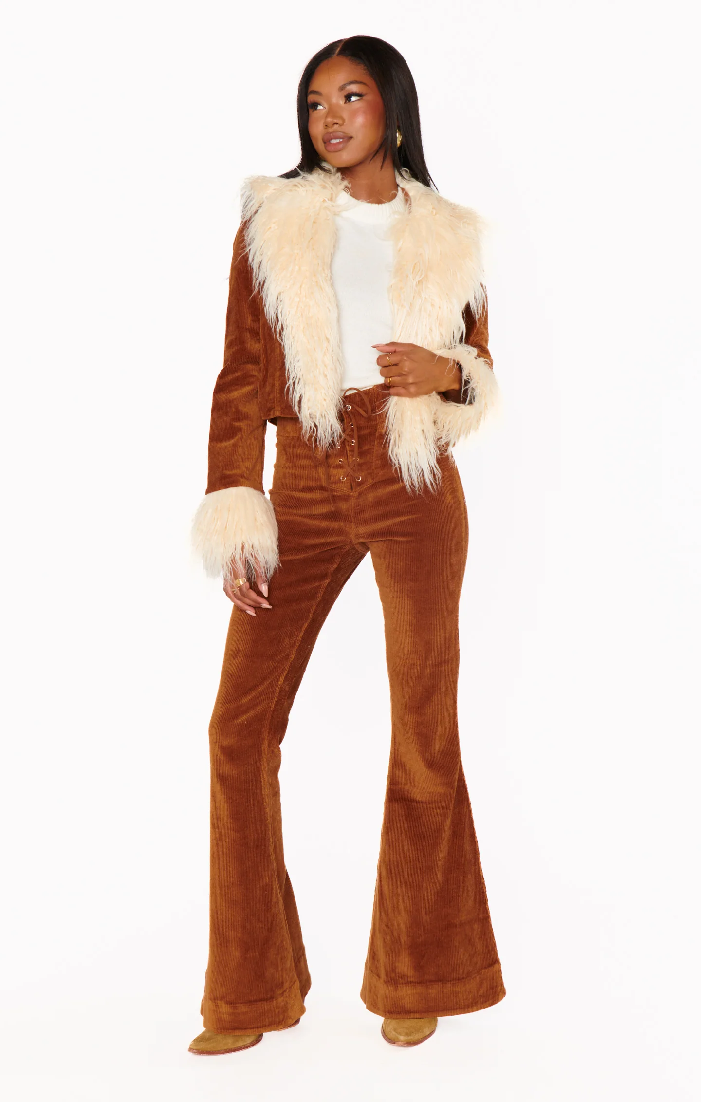 Penny Lane Cropped Coat ~ Saddle Brown Cord w/Faux Fur - Image 3