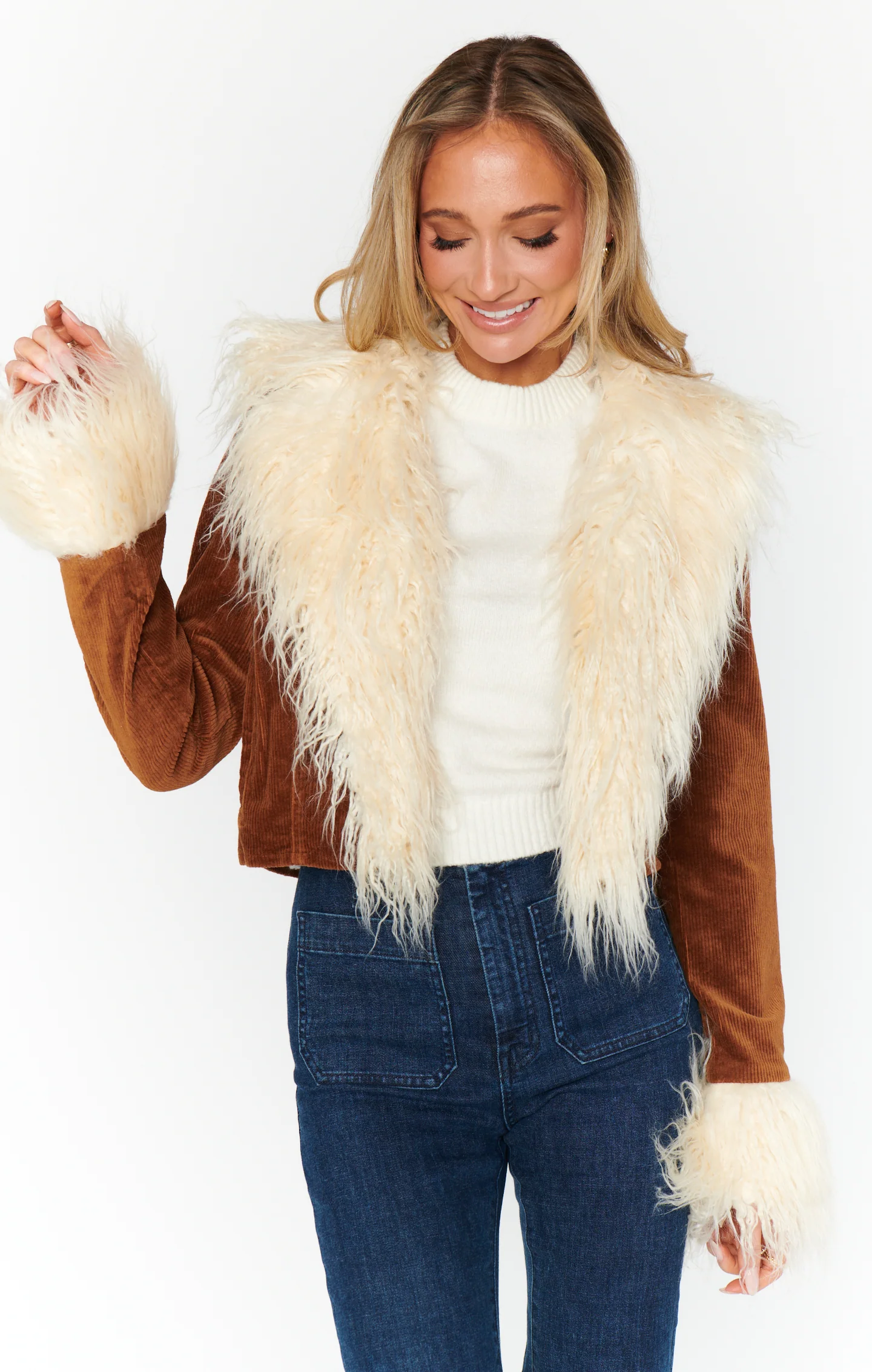 Penny Lane Cropped Coat ~ Saddle Brown Cord w/Faux Fur - Image 4