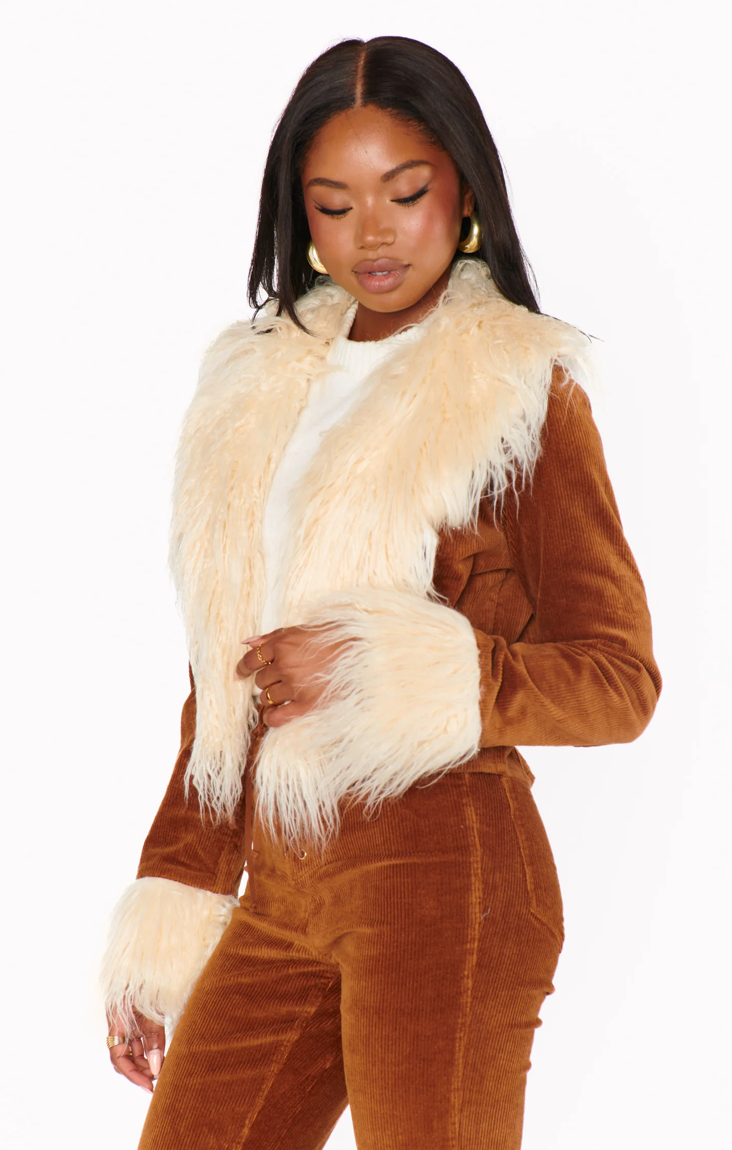 Penny Lane Cropped Coat ~ Saddle Brown Cord w/Faux Fur - Image 5