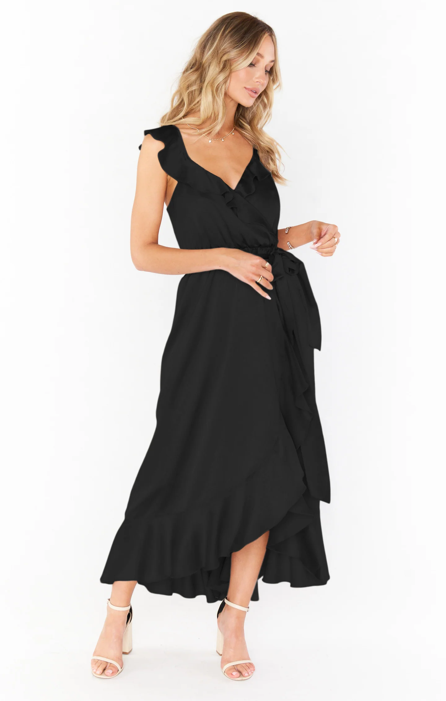 Samantha Ruffle Wrap Dress ~ Black Luxe Satin - Image 10