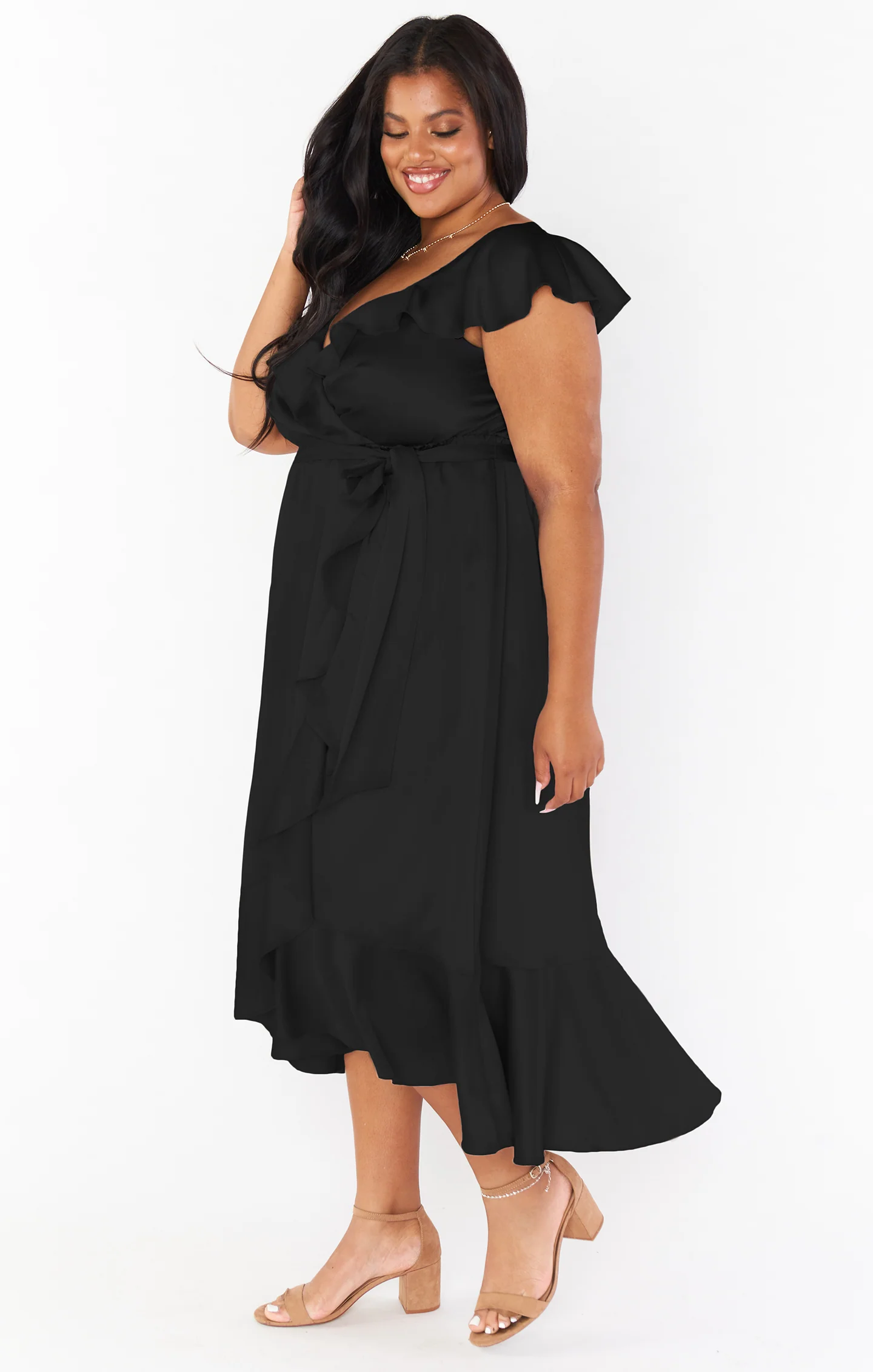 Samantha Ruffle Wrap Dress ~ Black Luxe Satin - Image 6