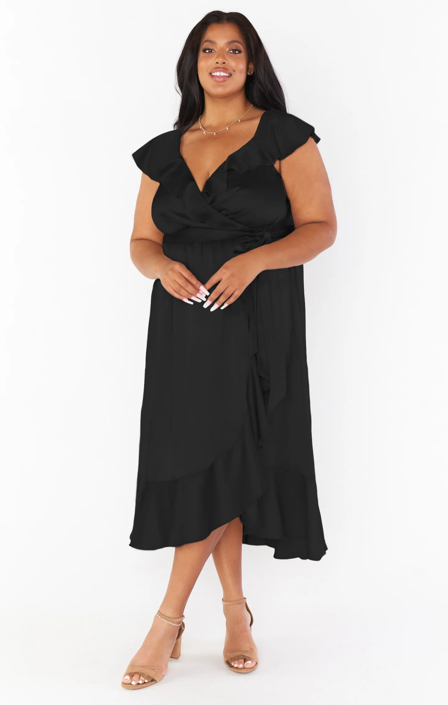 Samantha Ruffle Wrap Dress ~ Black Luxe Satin - Image 7