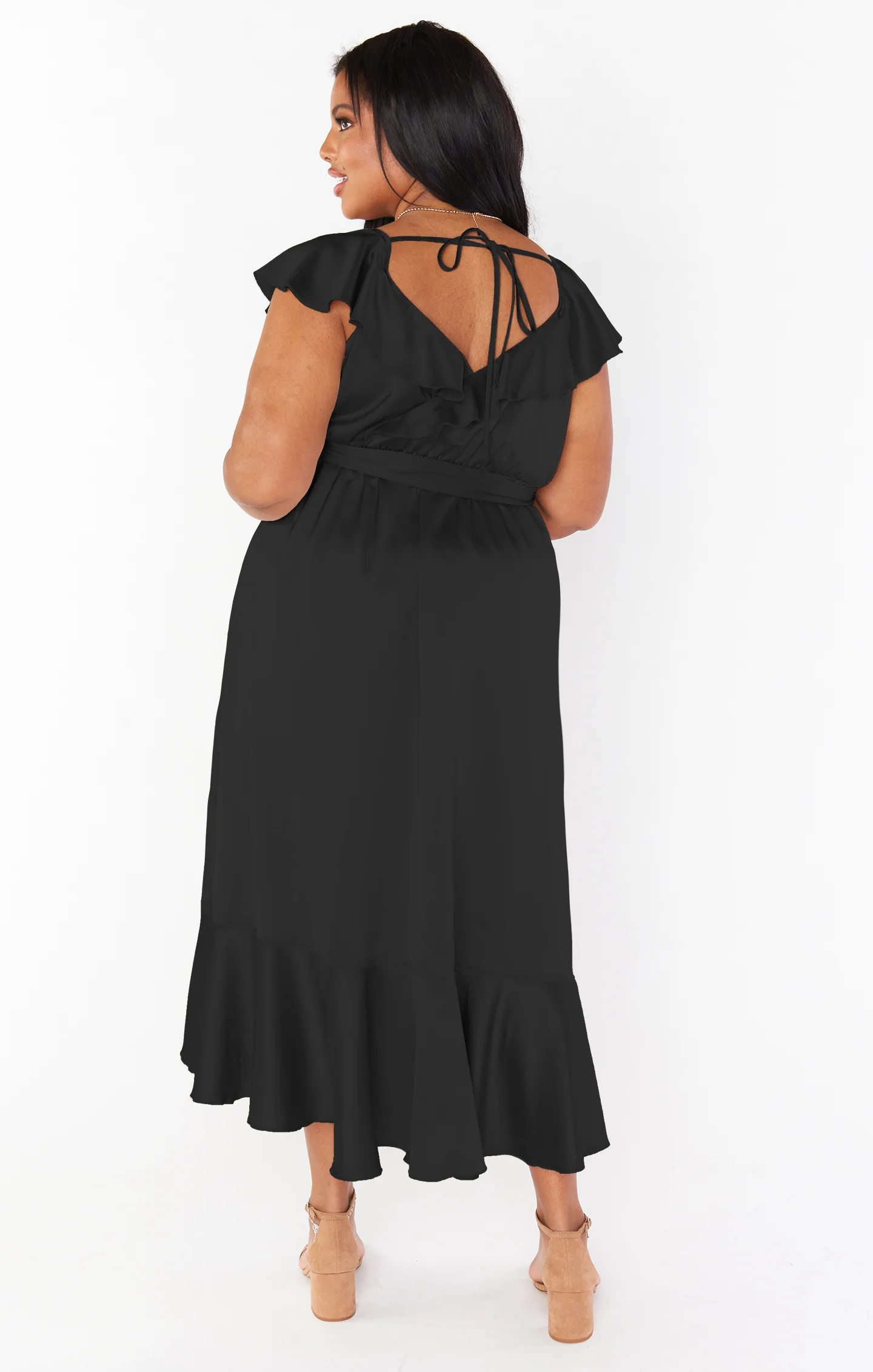 Samantha Ruffle Wrap Dress ~ Black Luxe Satin - Image 8