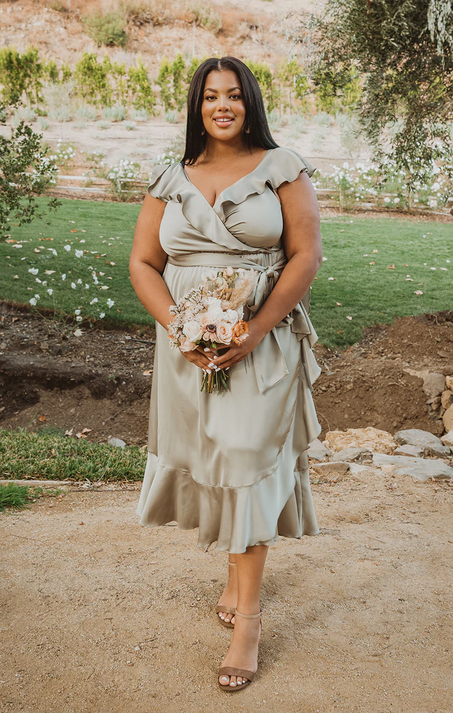 Samantha Ruffle Wrap Dress ~ Moss Green Luxe Satin - Image 10