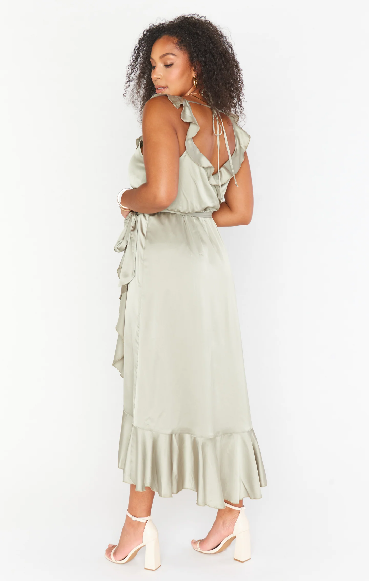 Samantha Ruffle Wrap Dress ~ Moss Green Luxe Satin - Image 12