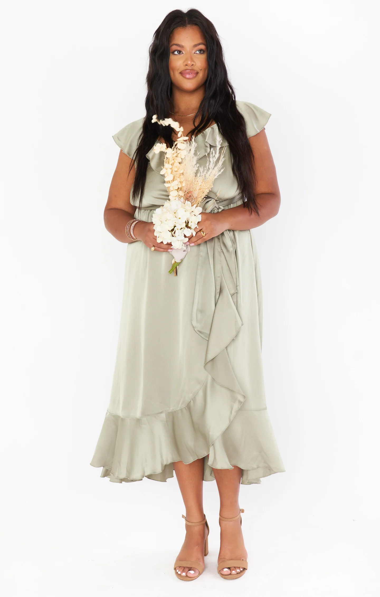Samantha Ruffle Wrap Dress ~ Moss Green Luxe Satin - Image 17
