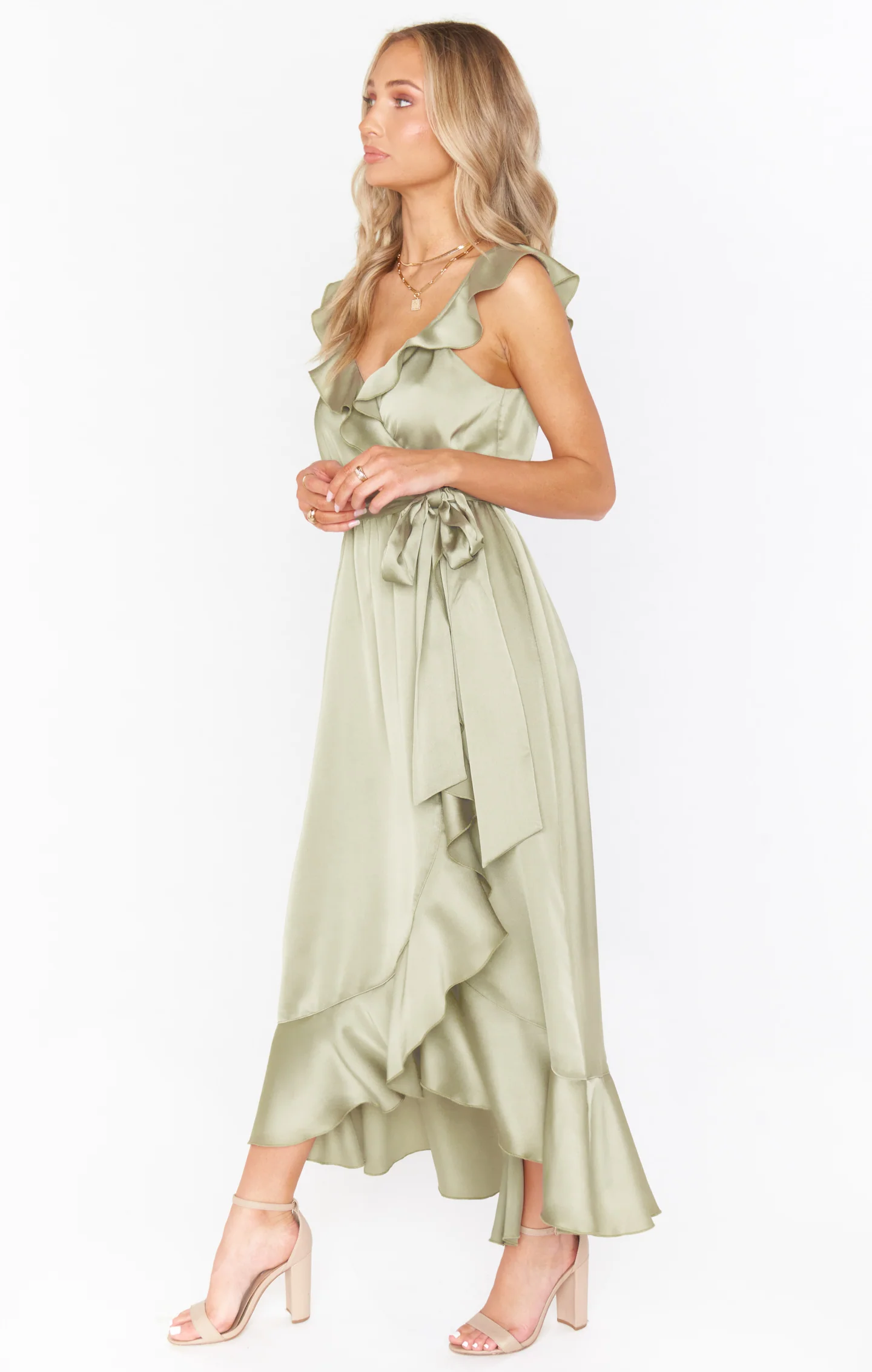Samantha Ruffle Wrap Dress ~ Moss Green Luxe Satin - Image 3