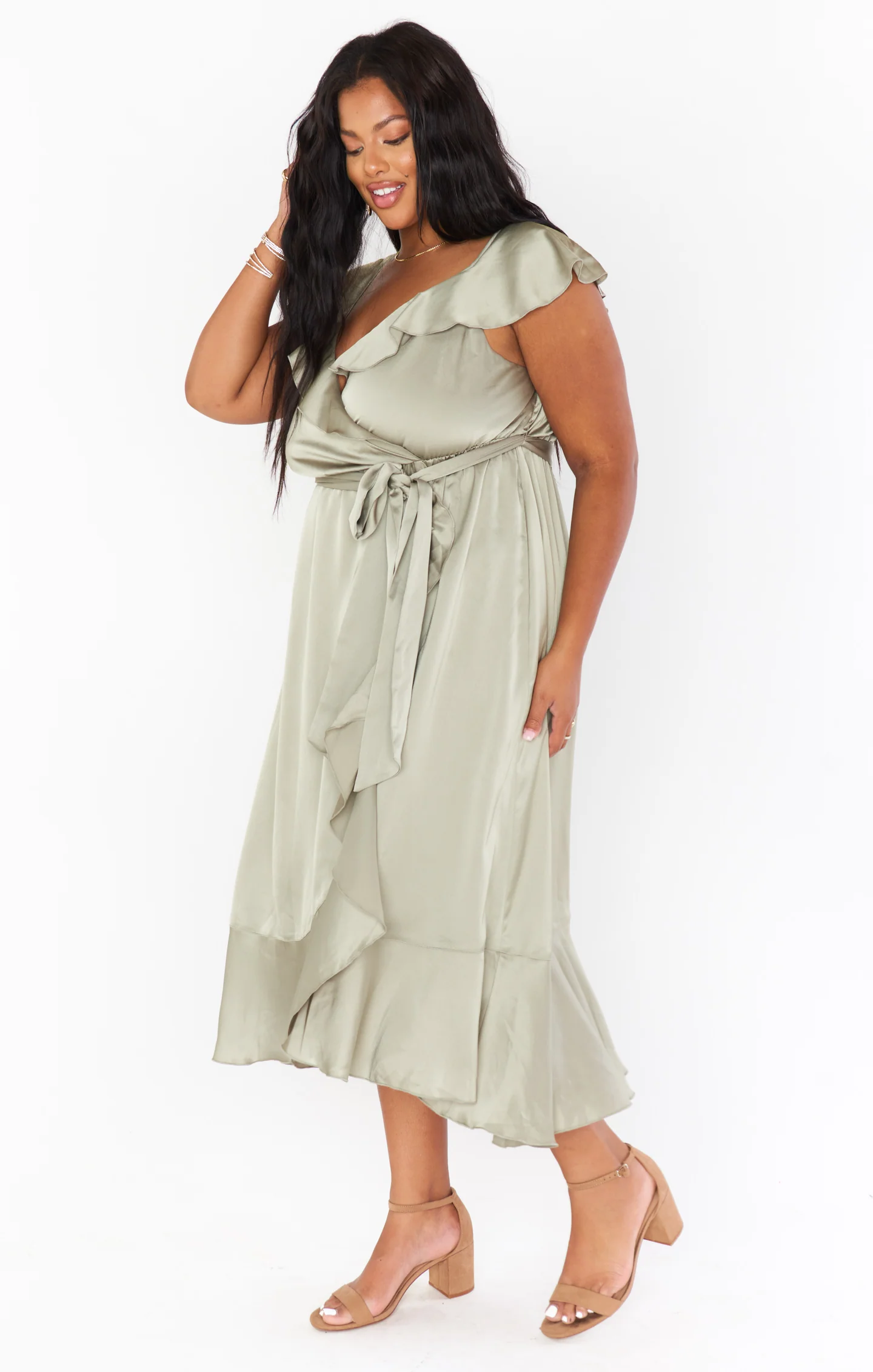 Samantha Ruffle Wrap Dress ~ Moss Green Luxe Satin - Image 4