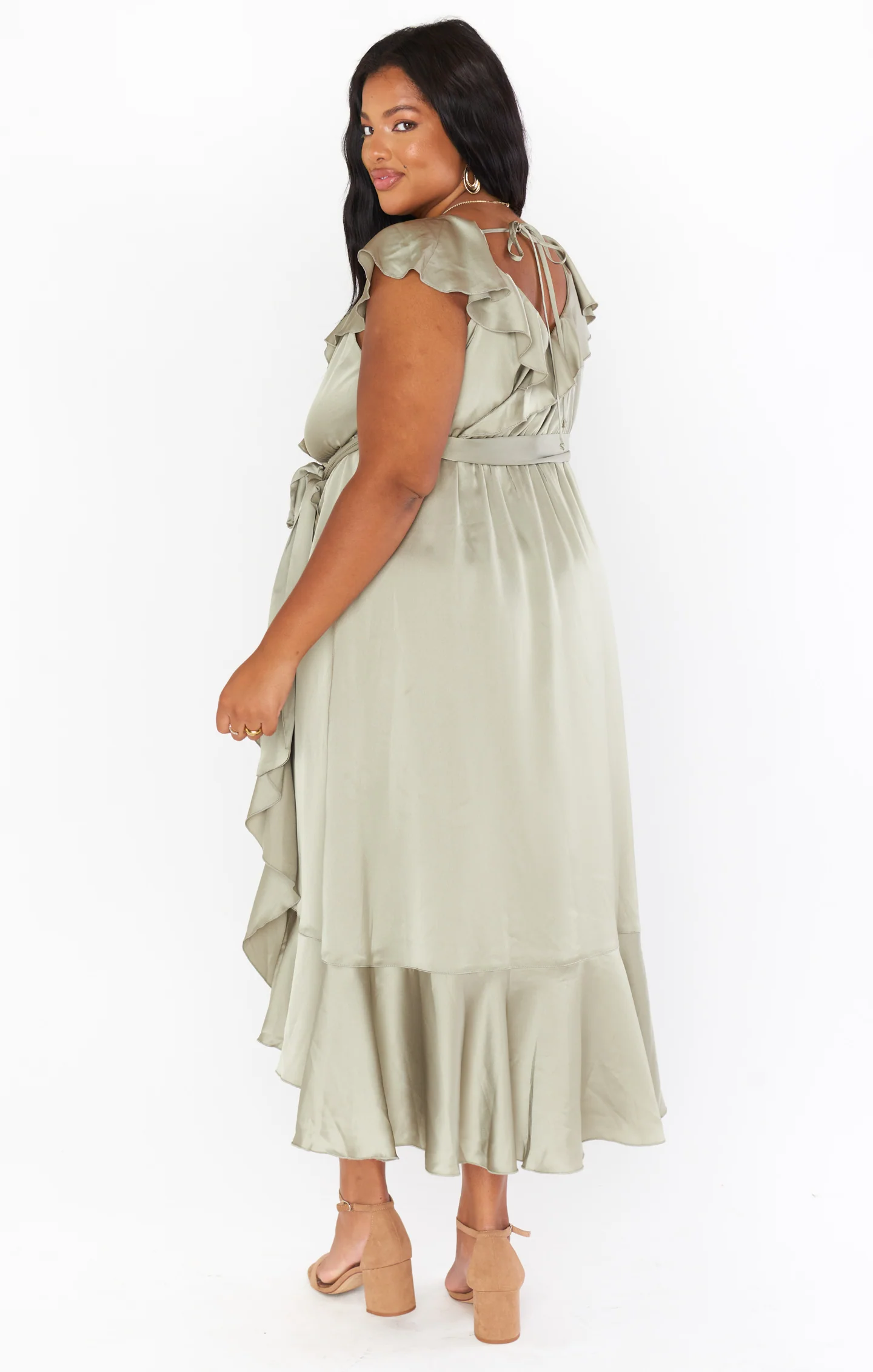 Samantha Ruffle Wrap Dress ~ Moss Green Luxe Satin - Image 6