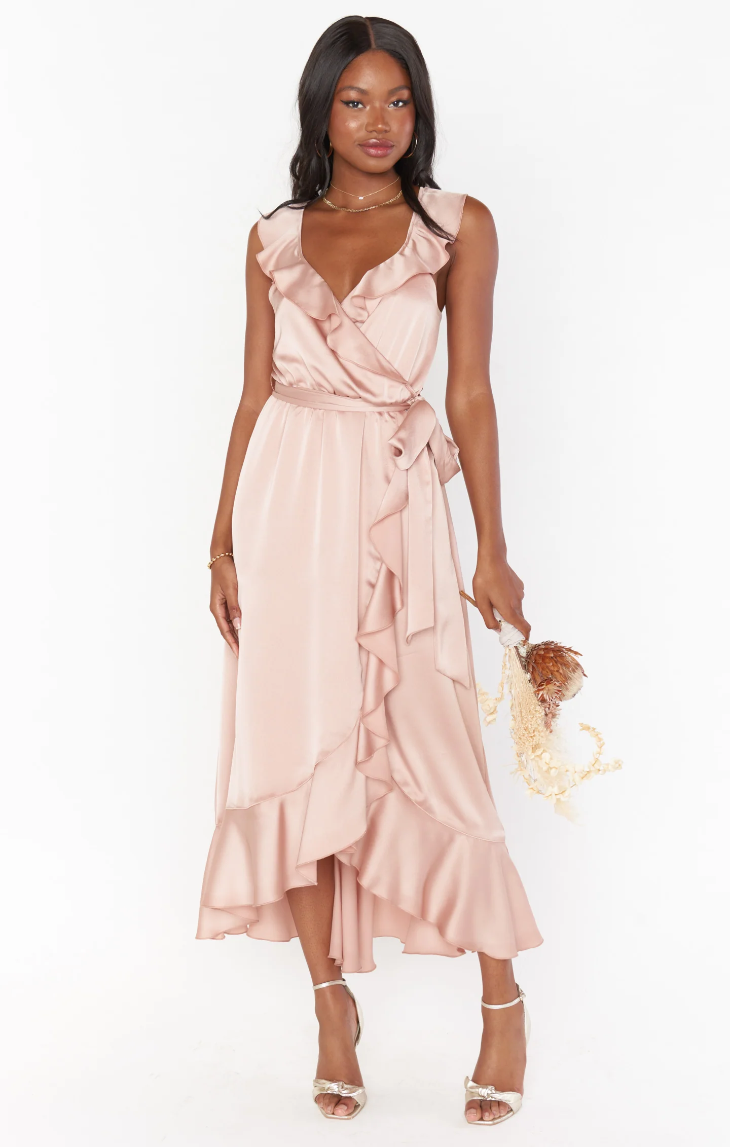 Samantha Ruffle Wrap Dress ~ Rose Gold Luxe Satin - Image 3