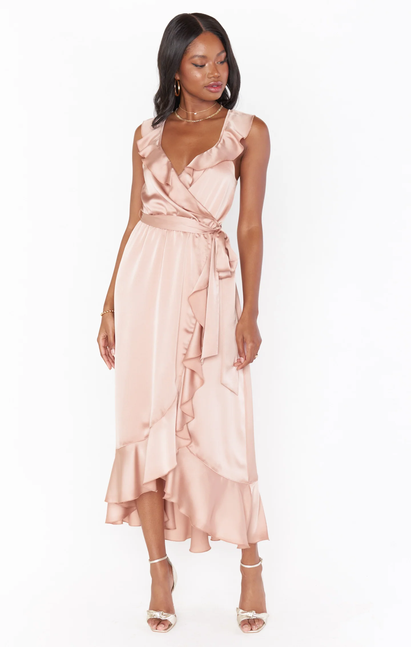 Samantha Ruffle Wrap Dress ~ Rose Gold Luxe Satin - Image 4