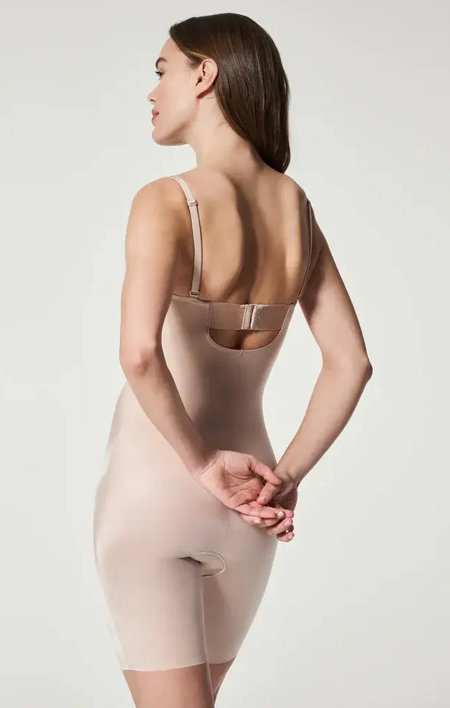 SPANX Suit Your Fancy Strapless Cupped Mid-Thigh Bodysuit ~ Champagne Beige - Image 11